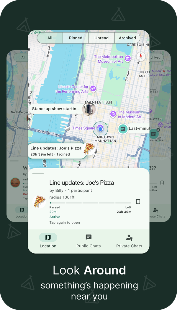 Tipi app showing chat rooms on a map near you